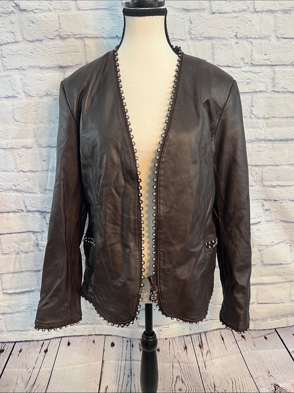 Raffaelo Leather Jacket Rhinestones Brown Leopard Lining Size Medium